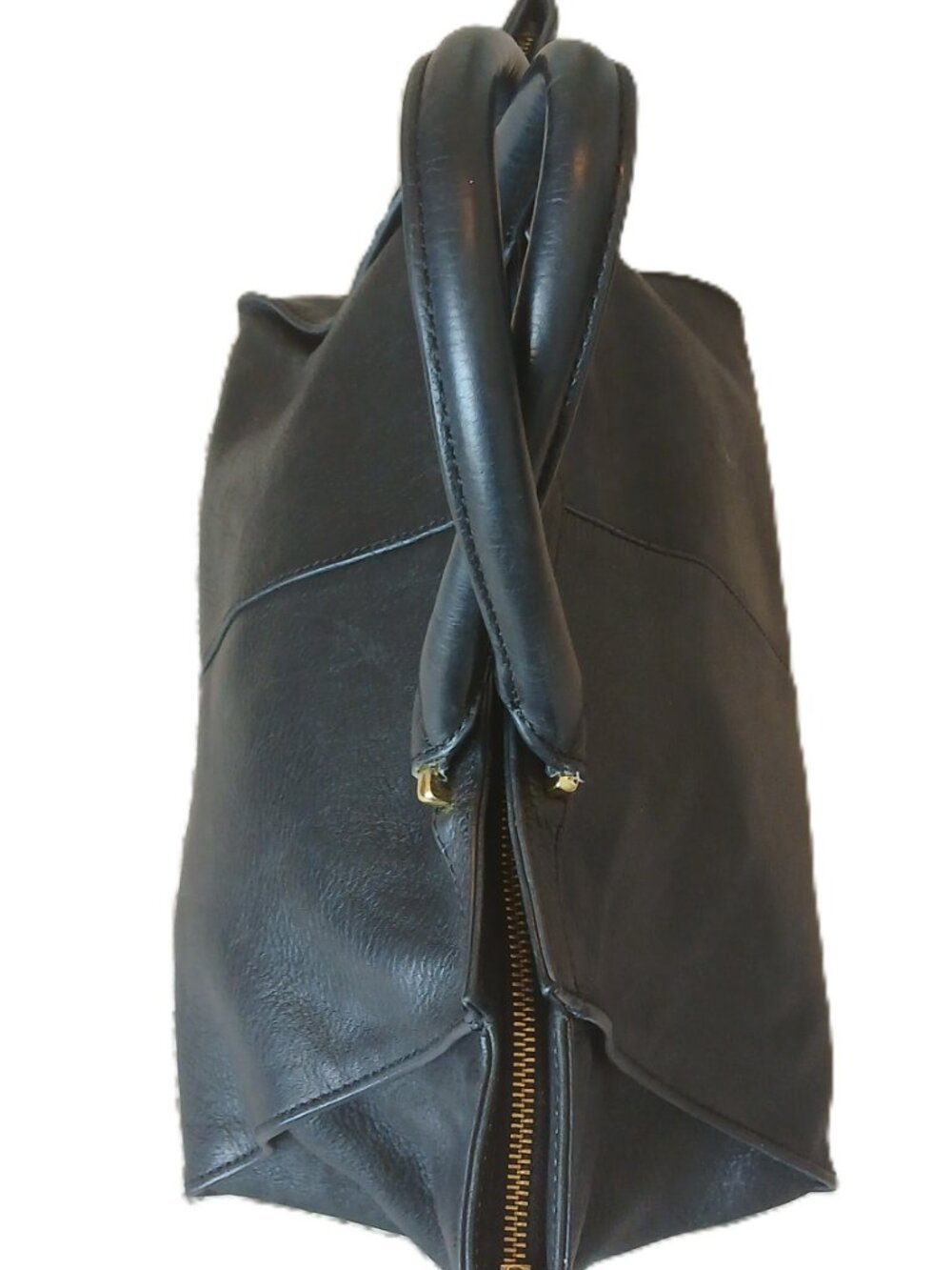 Black Genuine Leather Structured Satchel Handbag Gold Hardware